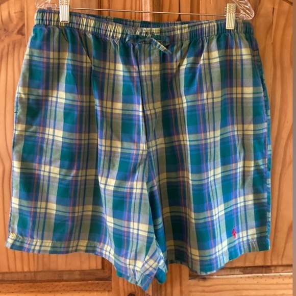 POLO: Men’s Ralph Lauren green blue plaid pajama lounge shorts size L - Picture 1 of 6